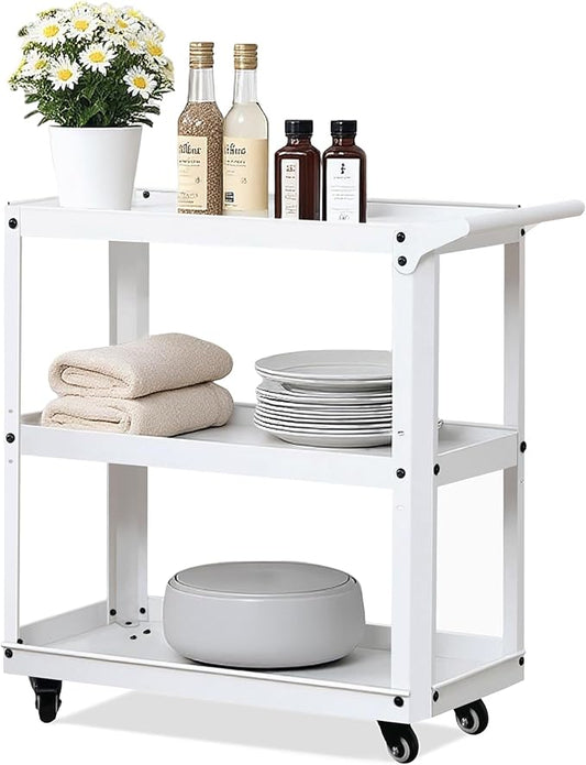 3 Tier Metal Utility Rolling Cart with Wheels, Heavy Duty Storage Organizer Trolley Cart for Kitchen, Bathroom, Office, Bedroom – Multi-Purpose 330Lbs Capacity Utility Cart on Wheels, White