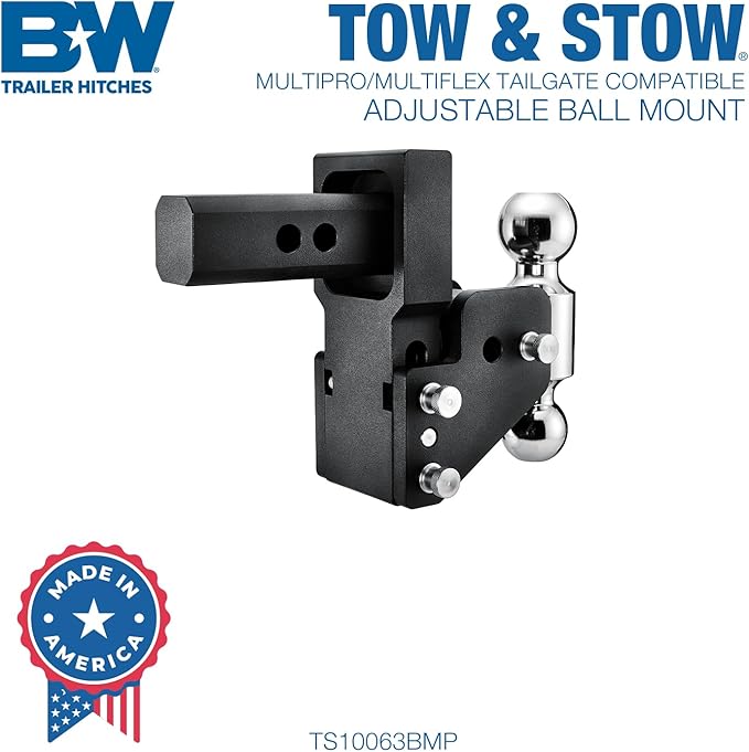 B&W Trailer Hitches MultiPro Tow & Stow Adjustable Trailer Hitch Ball Mount Compatible with MultiPro Tailgate - Fits 2" Receiver, Tri-Ball (1-7/8" x 2" x 2-5/16"), 4.5" Drop, 10,000 GTW - TS10066BMP