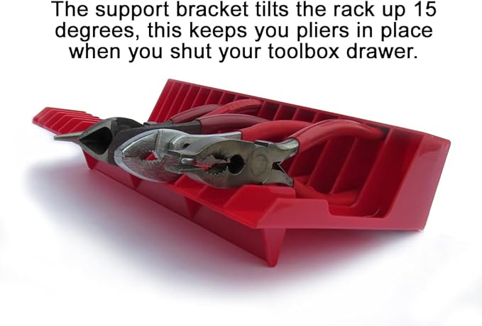 PLR16 Red Pliers Rack mounts on your peg board, or fits in your toolbox drawer. Plier storage for Regular & smaller pliers. Holds spring loaded pliers closed. Has a special tilt feature.