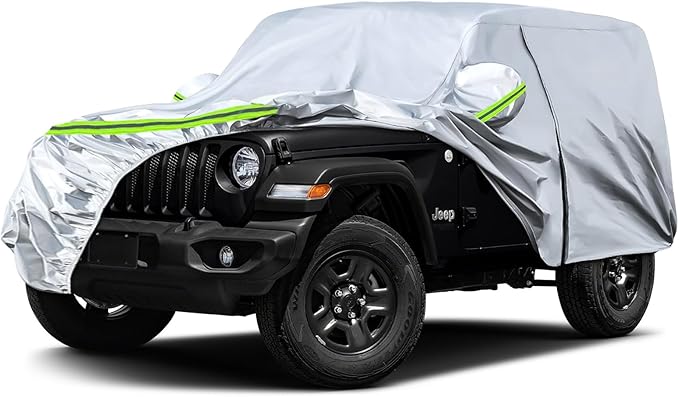 Waterproof Car Covers Replace for 2007-2025 Jeep Wrangler 2 Doors, 6 Layers Silver All Weather Car Cover with Zipper Door & Windproof Bands for Snow Rain Dust Hail Protection