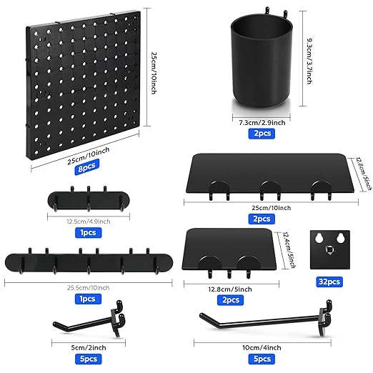 Chunful 58 Pcs Pegboard Organizer Kits Plastic Pegboard Wall Panel Mount Display Accessories Include Storage Boards Buckets and Hooks for Craft Room Garage Kitchen Office(Black)