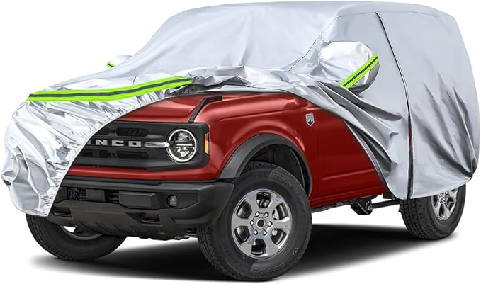 Waterproof Car Covers Replace for 2021-2025 Ford Bronco 2 Door, 6 Layers Silver All Weather Car Cover with Zipper Door & Windproof Bands for Snow Rain Dust Hail Protection