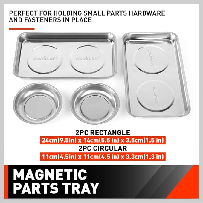 HORUSDY 4-Piece Large Magnetic Parts Tray Set, Stainless Steel Heavy Duty 9.5" W x 5.5''L Square and 4.5" Round Magnetic Trays Tools Parts Tray (Pack of 2)