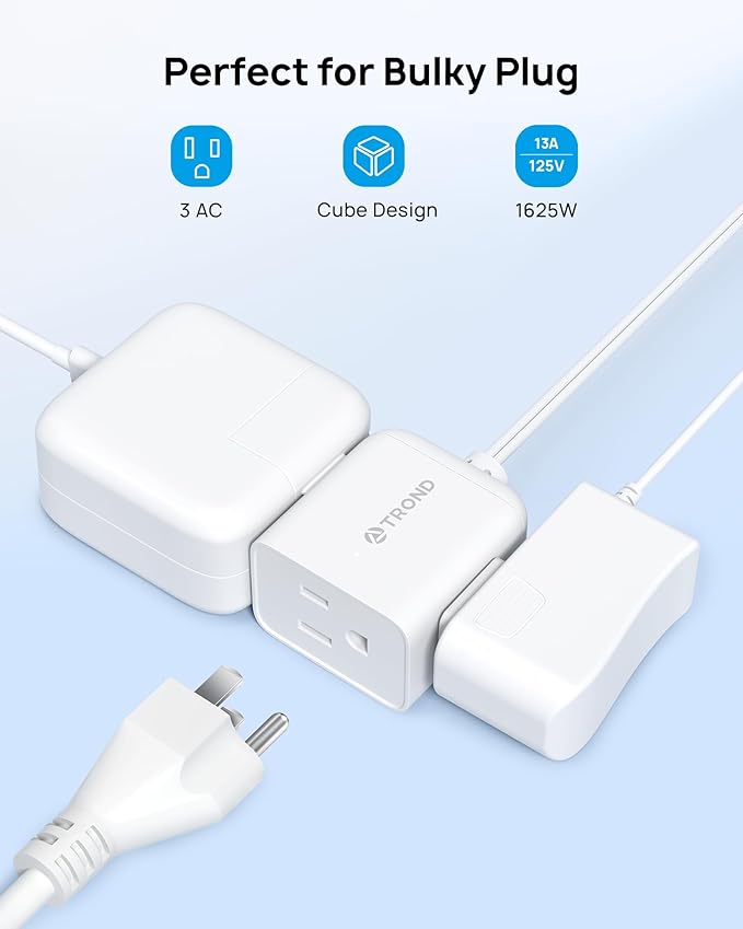 TROND Indoor 2 Prong to 3 Prong Extension Cord - Polarized Flat Plug 3 Outlet Extension 15ft, 16 Gauge Cable, 1625W for Non-Ground Socket in Old House School Home Office Kitchen Dorm Room, White
