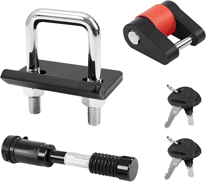 Hitch Lock Set Keyed Alike, 5/8" Dia Trailer Hitch Lock Fits Class III, IV, V Receivers, Anti-Rattle Hitch Tightener for 1.25" and 2" Hitches, 1/4" Dia Trailer Tongue Lock for Tow Boat RV Truck