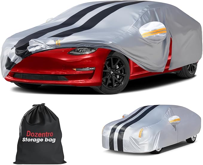 Multi-Layer Car Cover Custom Fit for Tesla Model 3(2017-2026), 100% Waterproof All Weather for Automobiles, Gift with Towel, Heavy Duty Car Covers for Rain Sun UV Protection with Door Zipper