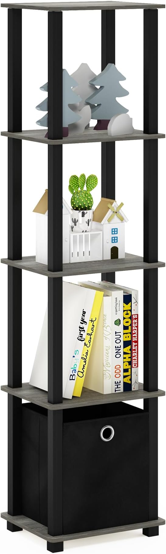 FURINNO TNT No Tools 5-Tier Display Decorative Shelf, French Oak Grey/Black/Black