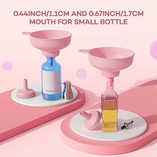 Pisol Wide Mouth Versatile Funnel, Canning Funnels for Kitchen Use, Food Grade Plastic Cooking Funnel Set with 4 Size Spouts and 2 Strainers for Filling Different Bottles and Bags, Pink