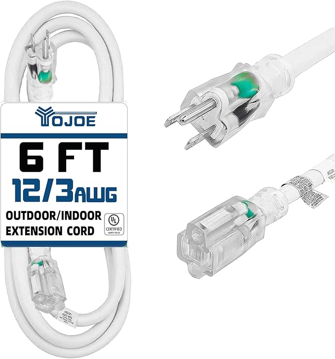 YOJOE Indoor Outdoor Extension Cord with Lighted End, 3 Prong 15A Weatherproof Power Cord, 12 Gauge Heavy Duty 6 ft White Extension Cord for Garage, Garden and Home, 12/3 SJTW UL Listed