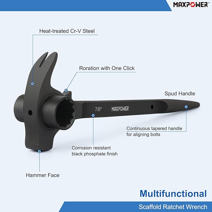 MAXPOWER 3/4" x 7/8" Scaffold Ratchet Wrench, Spud Podger Spanner, Multifunctional Functions with Claw Pry Bar and Hammer Face