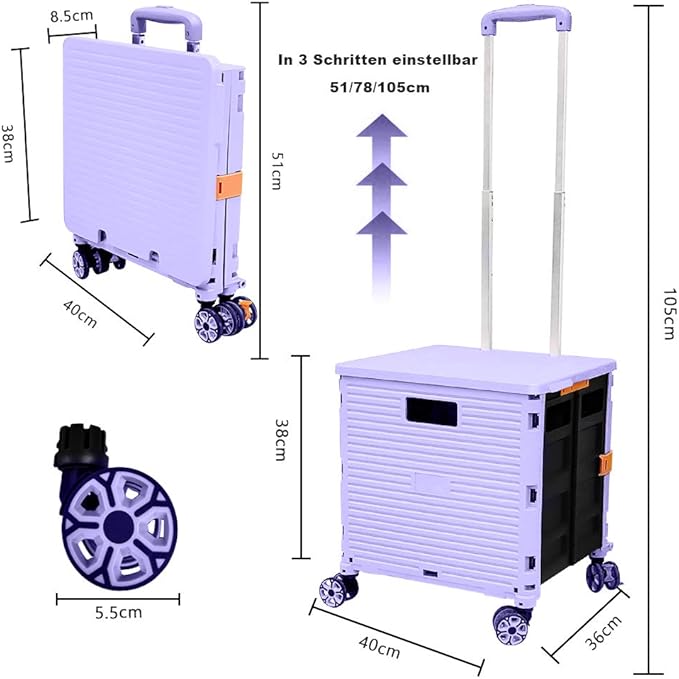 Foldable Utility Cart Folding Portable Rolling Crate Handcart Shopping Trolley Wheel Box with Lid Wear-Resistant Noiseless 360°Rotate Wheel for Travel Shopping Moving Storage Office Use (Purple)