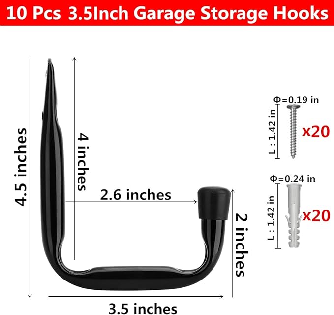 Garage Storage Hooks, Heavy Duty J Utility Hangers (Black, Pack of 10)
