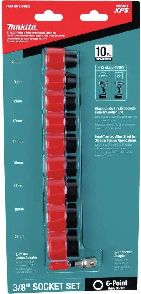 Makita E-01688 Impact XPS® 10 Pc. 3/8" Drive 6-Point Metric Impact Socket Set w/Standard Socket Adapter