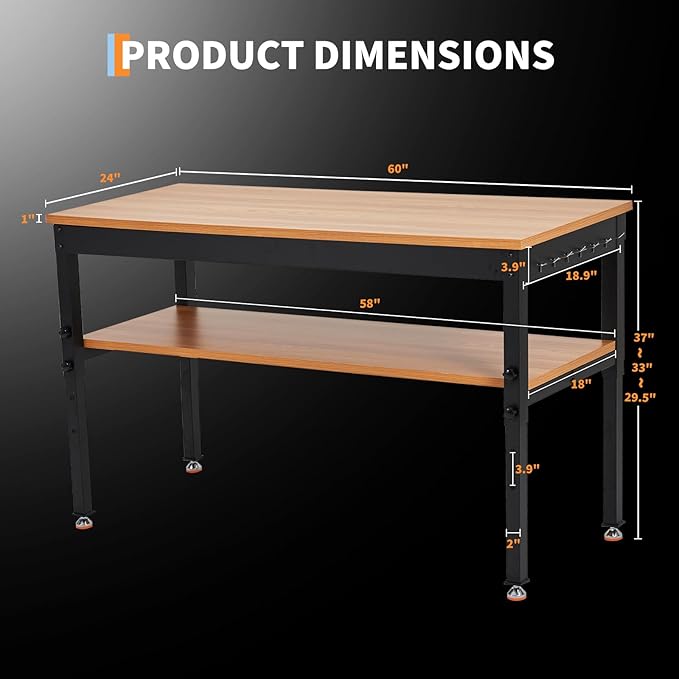 60" Work Bench with Storage Shelf, Adjustable Height Workbench, 60" x 24" Work Benches for Garage, 2500 LBS Tool Bench with Power Outlet for Workshop & Home