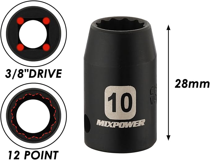 MIXPOWER 6PCS 3/8"Drive 10mm Deep&Shallow Socket, 6 Point & 12 Point, CR-V, Metric, Black Phosphate Finish…
