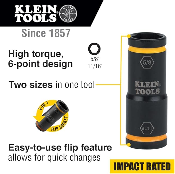 Klein Tools Impact Driver Flip Socket, 11/16- and 5/8-Inch Sizes, Use with Klein Tools Compact Impact Wrenches BAT20CW, BAT20CW1
