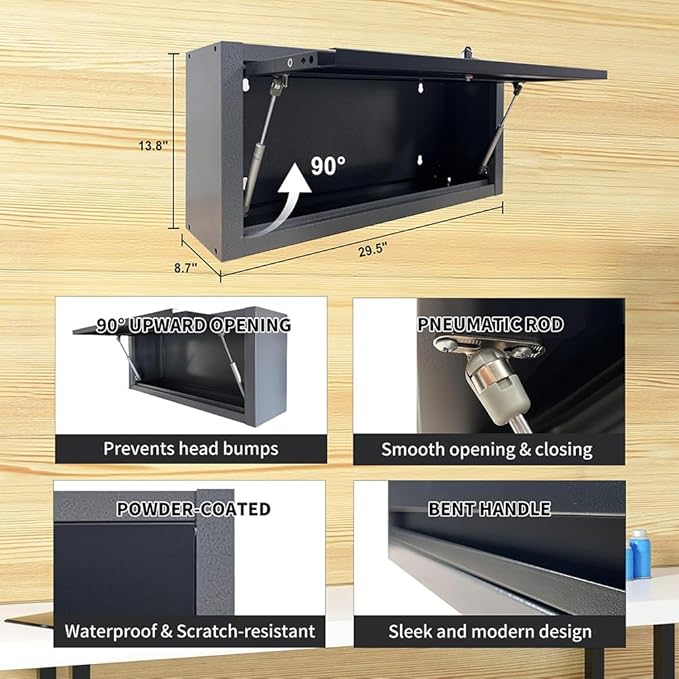 JZD Small Metal Wall Mounted Storage Garage Cabinet with Flip Up Door, Black & Grey