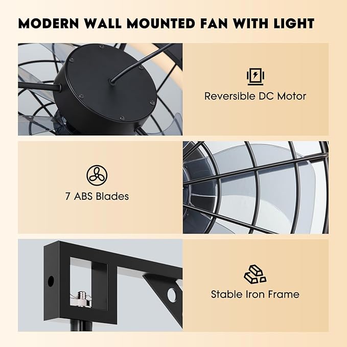 Wall Mounted Fan with Lights, 23” Wall Mount Fan with Remote, 6 Speeds Plug in Wall Fan, Reversible, 3CCT, Dimmable, Noiseless, 360°Adjustable Tilt for Workshop, Patio, Home