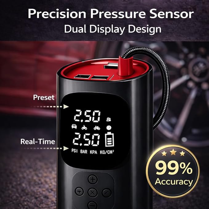 Tire Inflator Portable Air Compressor - 3X Faster 150PSI Air Pump for Car Tires, 12V DC Cordless Tire Inflator with LED Light & Digital Pressure Gauge, Electric Pump for Car, Bike, Motor, Ball