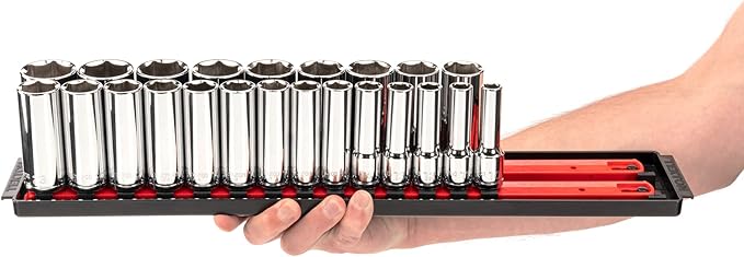 TEKTON 1/2 Inch Drive 6-Point Socket Set with Rails and Tray, 46-Piece (10-32 mm) | SHD92207