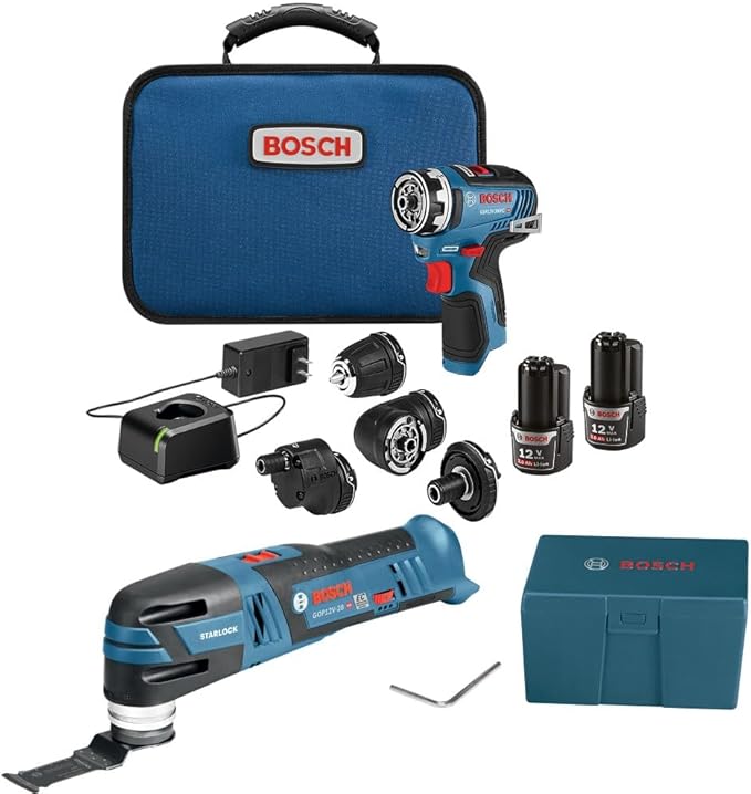 BOSCH GXL12V-270B22 12V Max Brushless 2 Tool Combo Kit with 5-in-1 Flexiclick Cordless Drill/Driver and Starlock Oscillating Multi Tool (Includes: 2 Batteries, Charger & 4 Attachments)