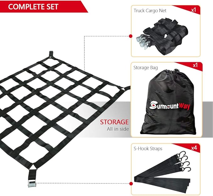 Surmountway Cargo Net for Pickup Truck Bed(82" x 50"), Truck Bed Cargo Net with Capacity 1100LBS, Heavy Duty Cargo Nets with Adjustable Cam Buckles & S-Hooks, Truck Cargo Net for Trailer Trucks