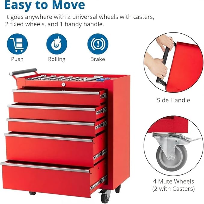 5-Drawer Rolling Tool Chest,Tool Cabinet on Wheels with Keyed Locking System and Drawer Liners,Tool Chest with Link Buckle and Can Be Combined to Large Cabinet Set,for Garage, Warehouse & Repair Shop