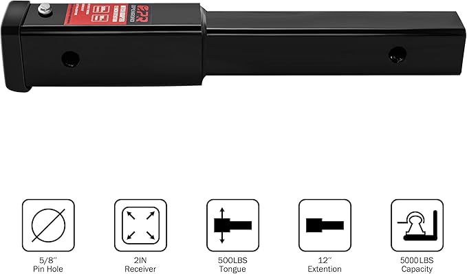 OPENROAD Trailer Hitch Extension，12 inch Hitch Extender Length for 2-inch Receiver Tube Extender,5000lbs GTW,500 lbs TW,Includes 5/8'' Hitch Pin