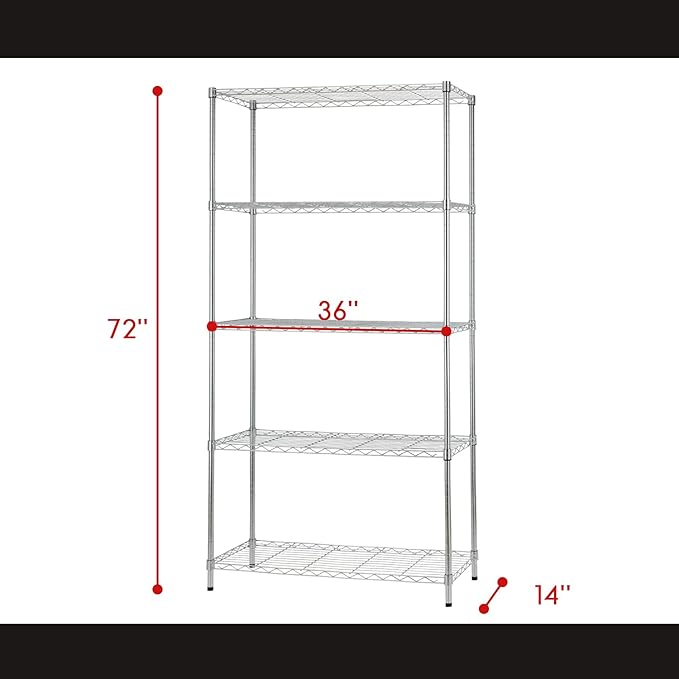 5 Tier Wire Shelving Unit 72"x36"x14"Storage Shelves Metal Wire Shelf Storage Rack Adjustable Commercial Organizer Heavy Duty Layer Unit for Restaurant Garage Pantry Kitchen Office (Chrome)