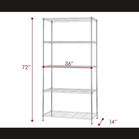 5 Tier Wire Shelving Unit 72"x36"x14"Storage Shelves Metal Wire Shelf Storage Rack Adjustable Commercial Organizer Heavy Duty Layer Unit for Restaurant Garage Pantry Kitchen Office (Chrome)