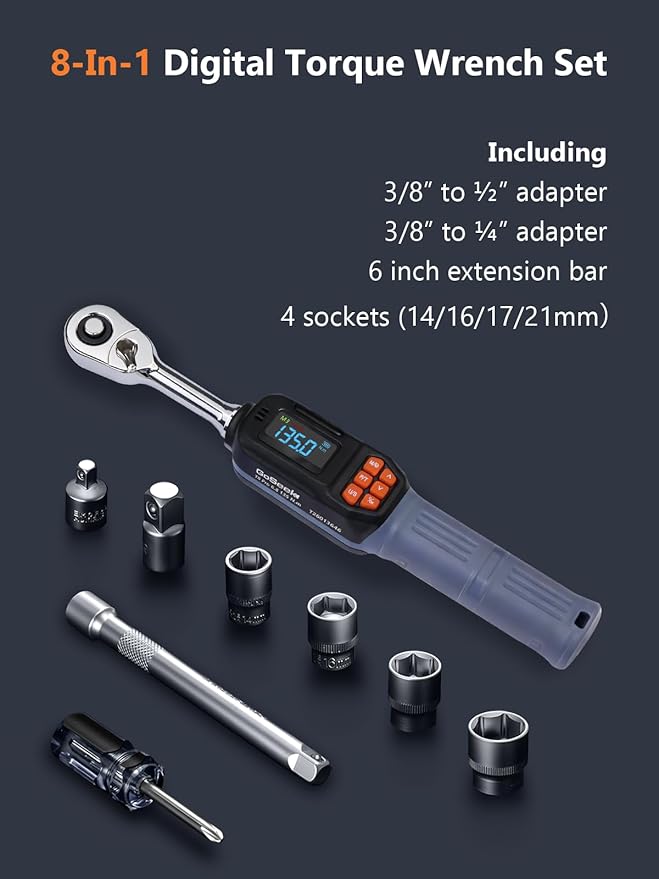 Goseek Digital Torque Wrench 3/8'' Drive, 5-99.6 Ft-lbs/6.8-135Nm, 90 Tooth Torque Wrench with Buzzer & LED Indicator, Electronic Torque Wrench Set for Bike Motorcycle Car Tire Auto Repair