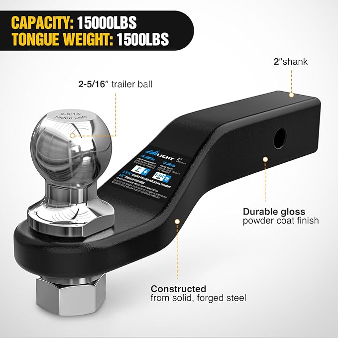 Nilight Forged Trailer Hitch Mount with 2-5/16-Inch Ball Fits 2 Inch Receiver Square 5/8" Hitch Pin Clip 15000 lbs 2" Drop, 1-1/4” Hole, Gloss Black Powder Coat