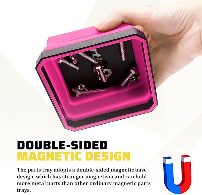 Collapsible Magnetic Car Parts Tray, Foldable Silicone Tool Tray with Magnetic Base, Double-Side Magnet Bowl for Auto Bolts, Screws, Nuts, Small Metal Parts, Universal Fit (Rose Red)