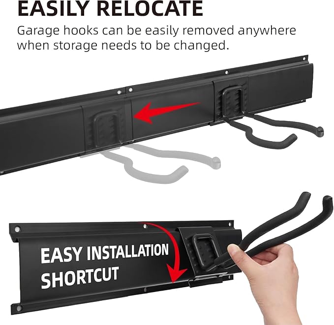Sinoer Tool Organizer Wall Mount, 96 Inch Garage Storage Wall Organizer, Garden Tool Storage Rack with 18 Hooks+ 4 S-hooks & 2 straps - suitable for ski equipment, shovels, rakes，chairs