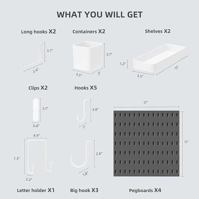 VUSIGN Pegboard Combination Wall Organizer Kit, 4 Pieces Pegboards and 17 Accessories Modular Hanging, Wall Mount Display Peg Board Panel Kits for Bedroom, Home, Office, Bathroom, 22" x 22", Black