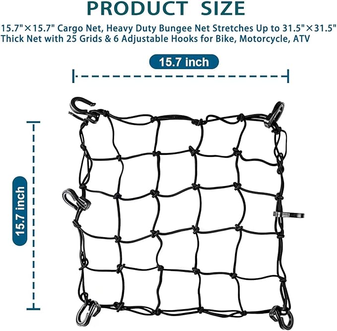 Bike Cargo Net for Bike Tote and Basket, Cargo Netting for Bike Storage, 15.7” x 15.7”, Expandable Bungee Net with 6 Hooks, Bicycle Accessories, Black Color