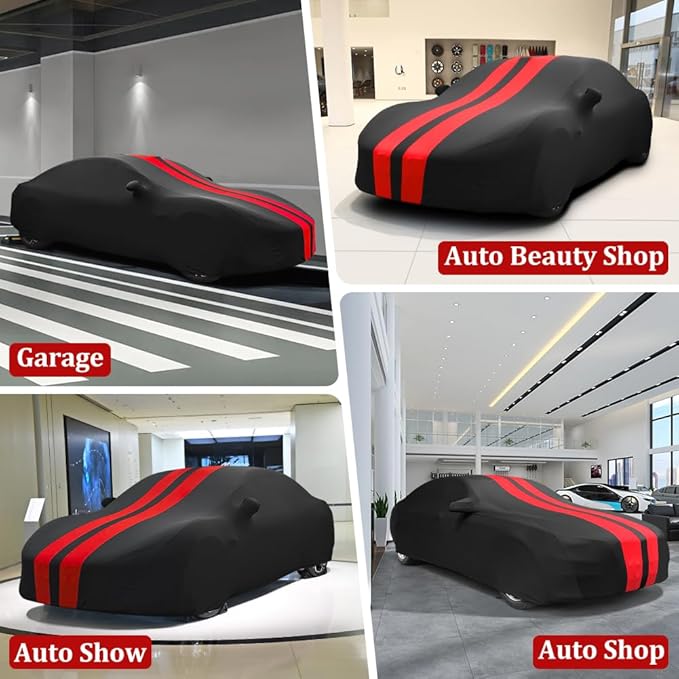 WinPower Indoor Sports Car Cover, Stretch Dustproof Protection Fit 164-181 Inch Full Car Cover for Underground Garage Car Show, Black and Red