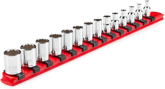 TEKTON 1/4 Inch Drive Shallow 12-Point Socket Set with Rail, 14-Piece (4-15 mm) | SHD90112