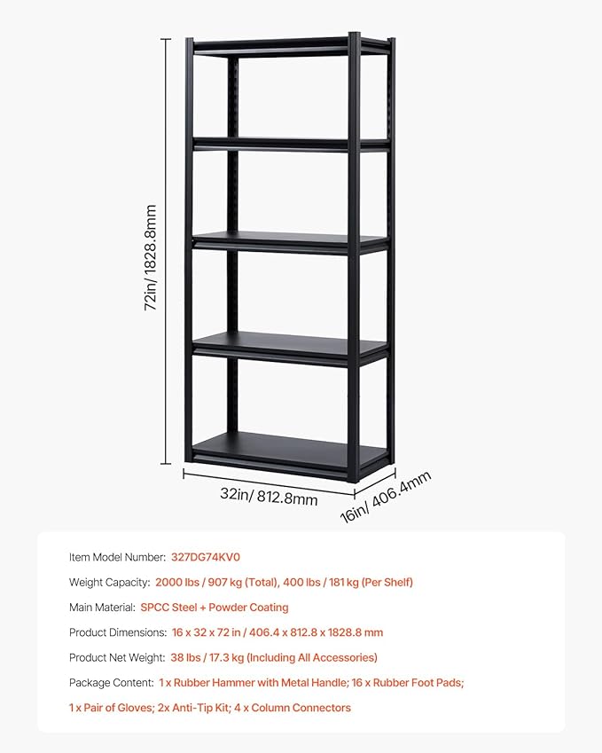 VEVOR Storage Shelves, 2000 lbs, 5 Tier Garage Storage Shelving, 16" D x 32" W x 72" H Adjustable Metal Shelves for Garage Shelves Utility Rack Shelf, Ideal for Kitchen, Warehouse, Basement, Black