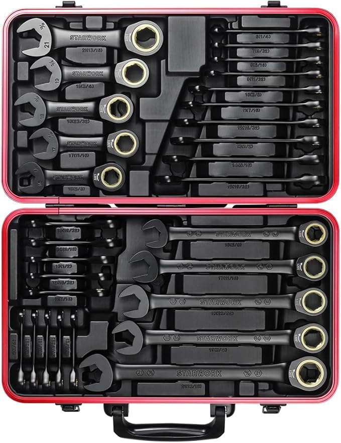 STARWORK TRUE MECHANIC™ 30-Piece 2-IN-1 Ratcheting Wrench Set, 120-Tooth, SAE&Metric, Gift Series with Black case, Professional