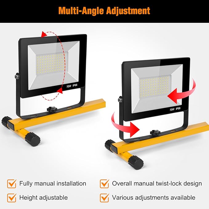 LED Work Lights with Stand, 21000 Lumen, 2-Head Adjustable Work Light, Waterproof Foldable Tripod, 6,500 Kelvin, Extended Cord for Outdoor & Indoor Job Sites, Workshops, Construction, Garage Lighting