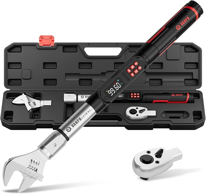 VANPO Adjustable Digital Torque Wrench, 5-99.6Ft.lb/6.8-135Nm, ±2% Accuracy, HVAC Torque Wrench with Interchangeable 38mm Jaw & 1/2" Ratchet, Buzzer, Vibration and LED Alert for Split AC, Moto, Car