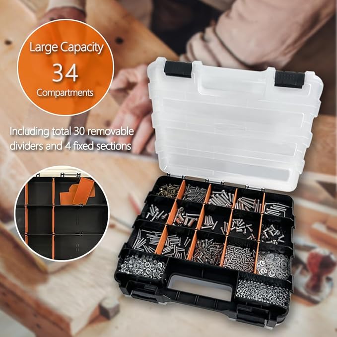 Tool Box Storage Organizer, TONGQI 34-Compartment Double Side Small Parts Box with Removable Plastic Dividers for Hardware, Screws, Bolts, Nails, Jewelry and Fishing Accessories, 1 Pack