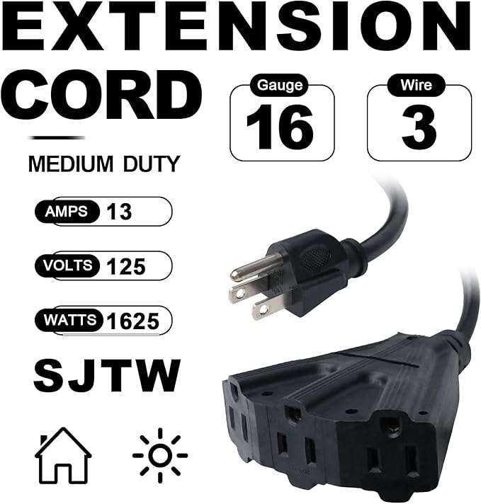 EP 6 Ft Outdoor Extension Cord with 3 Electrical Power Outlets - 16/3 SJTW Black Cable with 3 Prong Grounded Plug for Safety Great for Christmas Lights, Garden and Major Appliances