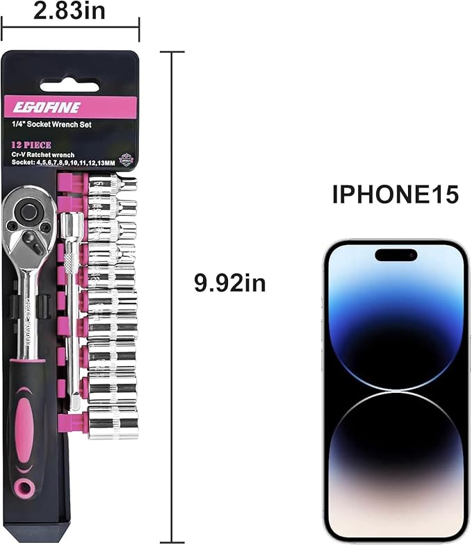 Egofine 12pcs 1/4 Inch Mini Ratchet Socket Wrench Set, Drive Socket Set with 10 Sockets (4-13mm) and 2 Way Quick Released Ratchet Handle and Extension Bar, Pink