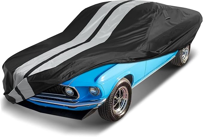 iCarCover Custom Car Cover Compatible with Mustang 1969-1973, Waterproof All Weather Rain Snow UV Sun Protector Full Exterior Indoor Outdoor Car Covers, Stripe (Black/Gray)