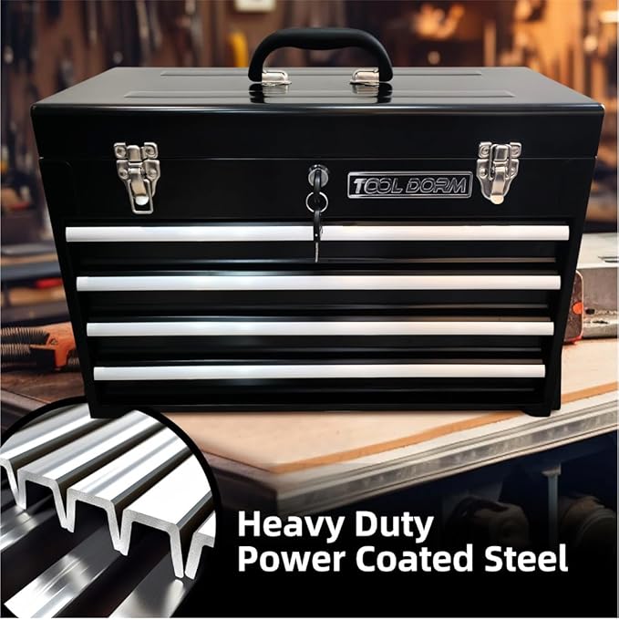 Metal Tool Box with 4 Drawers Portable Steel Tool Chest with Metal Cylinder Lock and Latch Closure, liner, Black and Red two color Powder coating, suitable for Garage, Warehouse and Outdoor Repair job