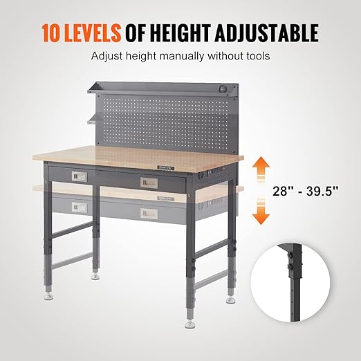 VEVOR Workbench Adjustable Height 28-39.5'' Work Bench for Garage Oak Plank & Carbon Steel Heavy Duty Workbench 2000lbs Weight Capacity top Size 48x24 Hardwood Workbench 3m Cable 30 Hooks, Black