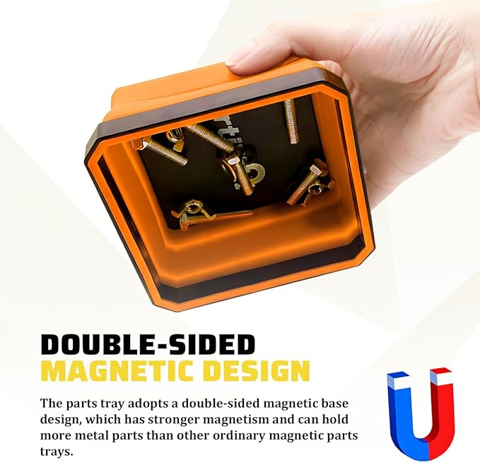 Collapsible Magnetic Car Parts Tray, Foldable Silicone Tool Tray with Magnetic Base, Double-Side Magnet Bowl for Auto Bolts, Screws, Nuts, Small Metal Parts, Universal Fit (Orange)