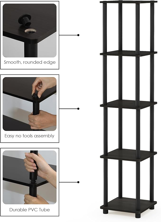 FURINNO Turn-N-Tube 5-Tier Corner Square Rack Display Shelf, Round, Espresso/Black